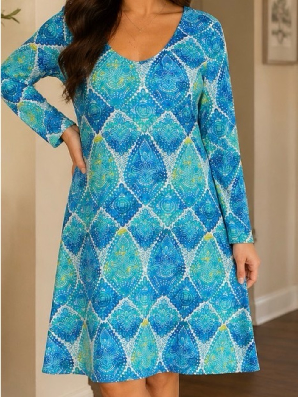 Pappagallo XL Blue and Teal Medallion Long Sleeve Tunic Dress